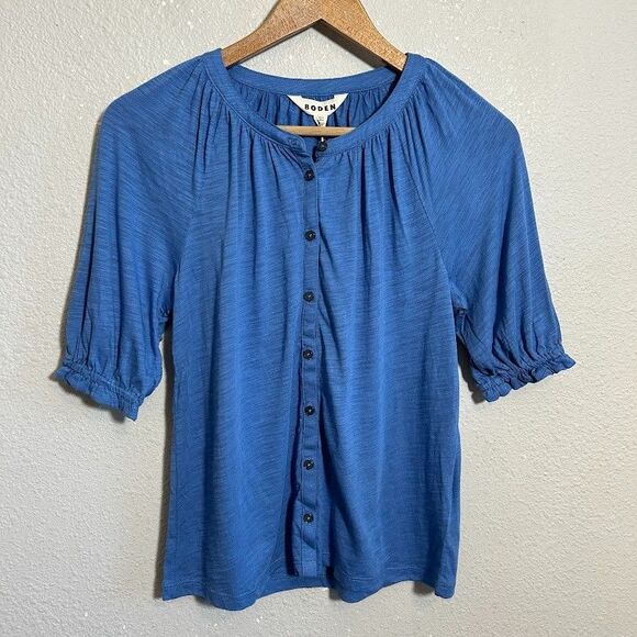 NEW Boden Isla Jersey Shirt US 0 Blue Button Front Short Puff Sleeve Stretch NWT - Picture 3 of 8